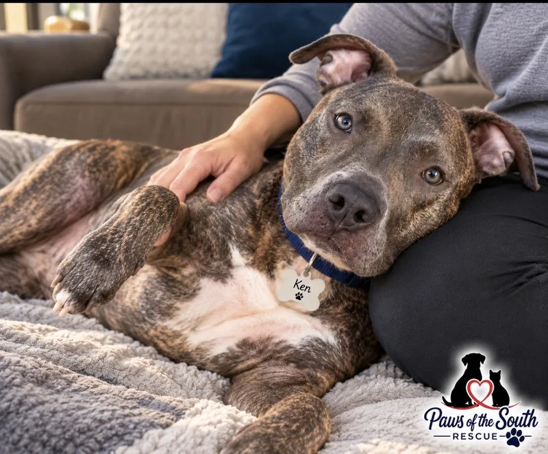 An adult large-sized male Brindle Mastiff dog named Ken for adoption in Cumming, GA