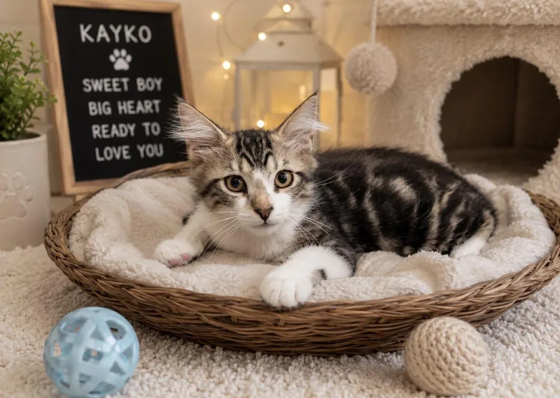 A baby small-sized male Tabby (Gray / Blue / Silver) American Shorthair cat named Kayko for adoption in Homestead, FL