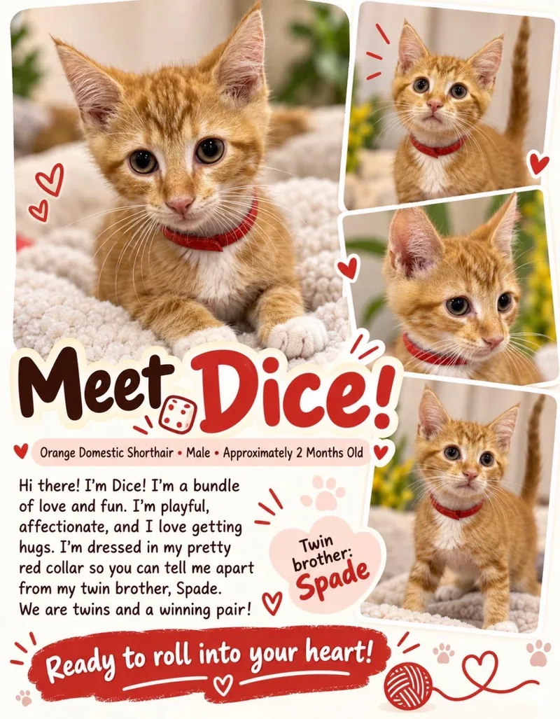 A baby medium-sized male Orange & White Domestic Short Hair cat named Dice for adoption in Richmond, VA