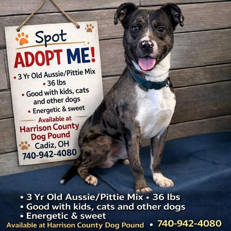 An adult medium-sized male Merle (Blue) Australian Shepherd dog named Spot for adoption in Cadiz, OH