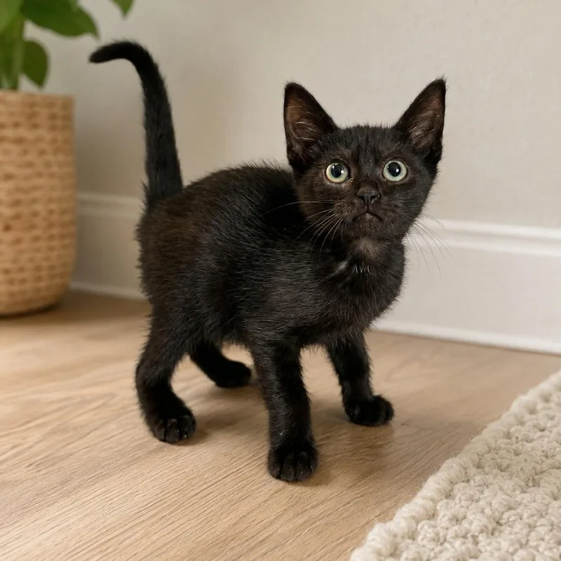 A baby small-sized male Black Domestic Short Hair cat named Bragg for adoption in Bastrop, TX
