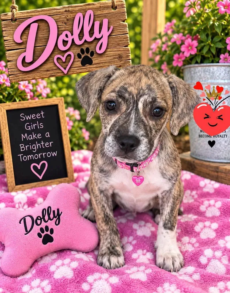 A baby large-sized female Pit Bull Terrier dog named Dolly for adoption in New London, WI