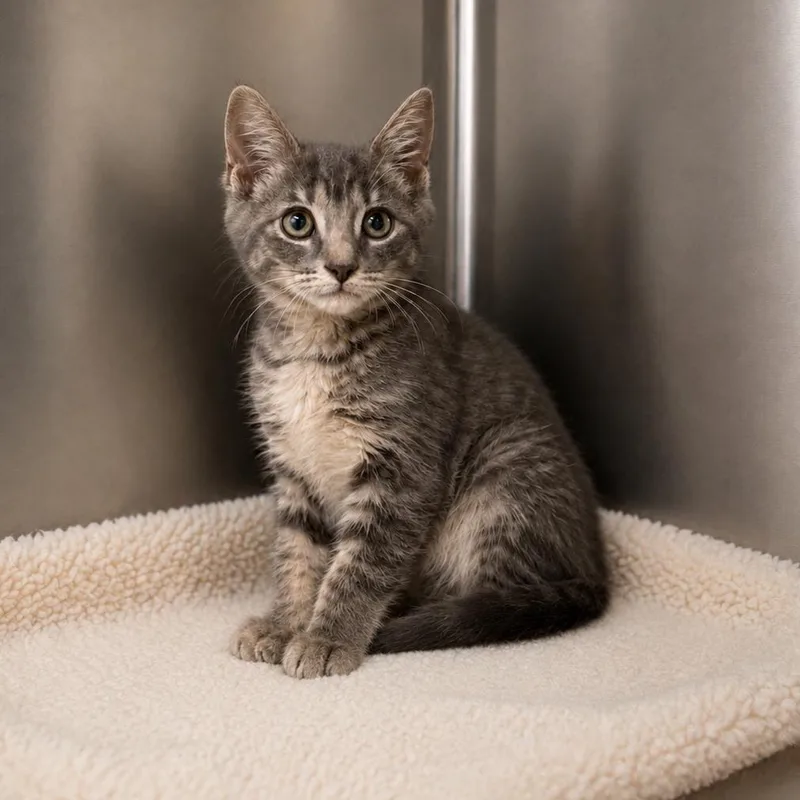 A baby small-sized male Tabby (Gray / Blue / Silver) Domestic Short Hair cat named Chester for adoption in Lathrop, CA