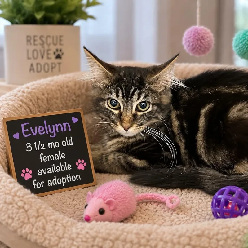 A baby small-sized female Tabby (Brown / Chocolate) Tabby cat named Evalynn for adoption in Antioch, CA