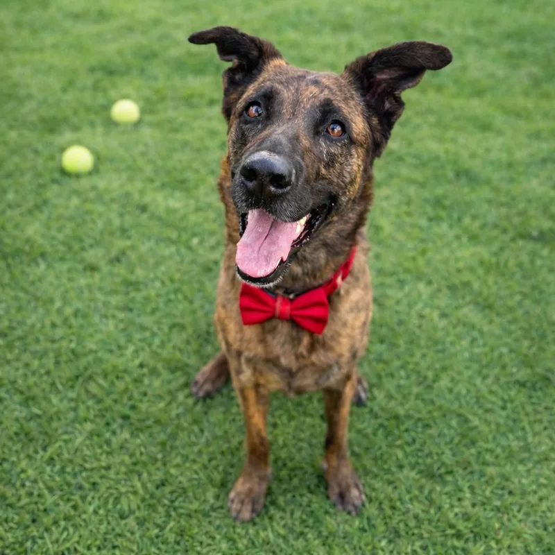 An adult large-sized female Brindle Shepherd dog named Spinelli for adoption in Binghamton, NY