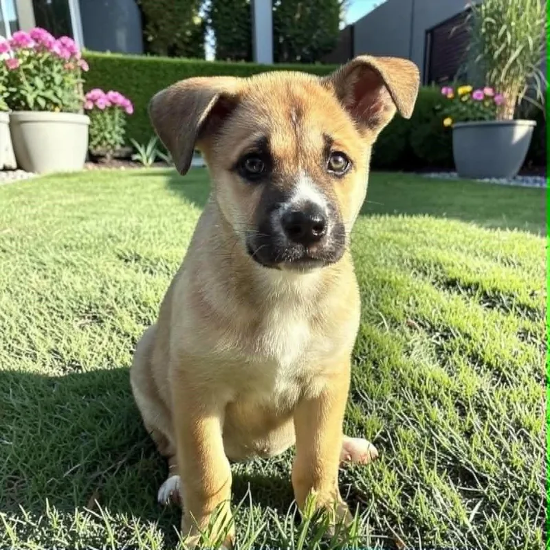 A baby medium-sized female Yellow / Tan / Blond / Fawn Shepherd dog named Daisy May for adoption in Fort Worth, TX