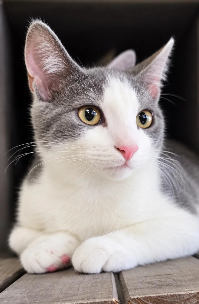 A young medium-sized male Gray & White Domestic Short Hair cat named Ferguson for adoption in Woodstock, GA