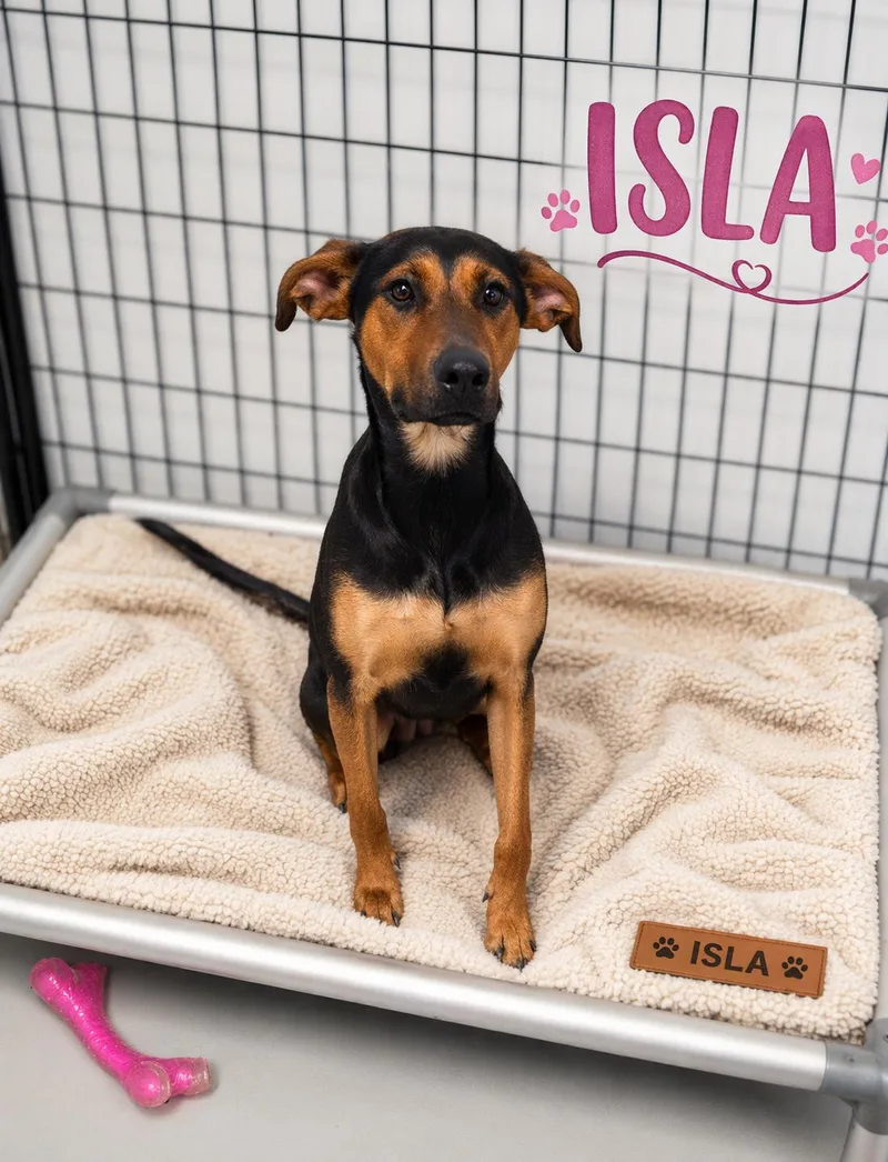 A young medium-sized female Bicolor Doberman Pinscher dog named Isla for adoption in Momence, IL