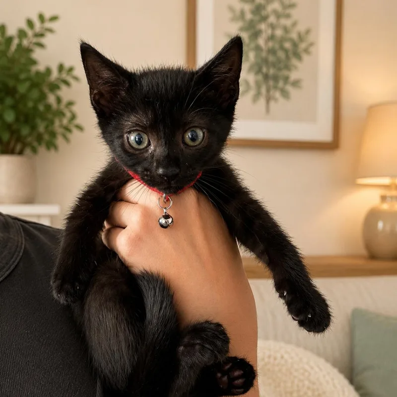 A baby small-sized male Black Domestic Short Hair cat named Domino for adoption in Tustin, CA