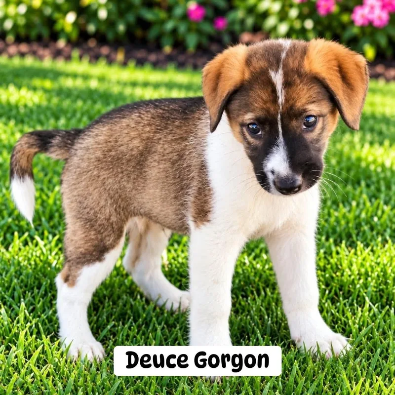 A baby medium-sized male Tricolor (Brown, Black, & White) Mixed Breed dog named Deuce Gorgon for adoption in Brewton, AL