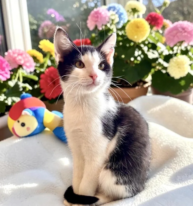 A baby small-sized female Black & White / Tuxedo Domestic Short Hair cat named Dinky for adoption in Perry, IA