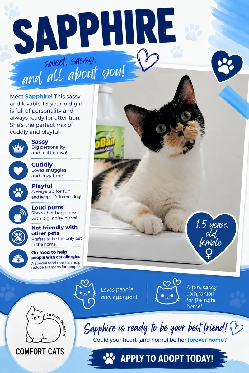 An adult medium-sized female Calico Domestic Short Hair cat named Sapphire for adoption in Moore, SC