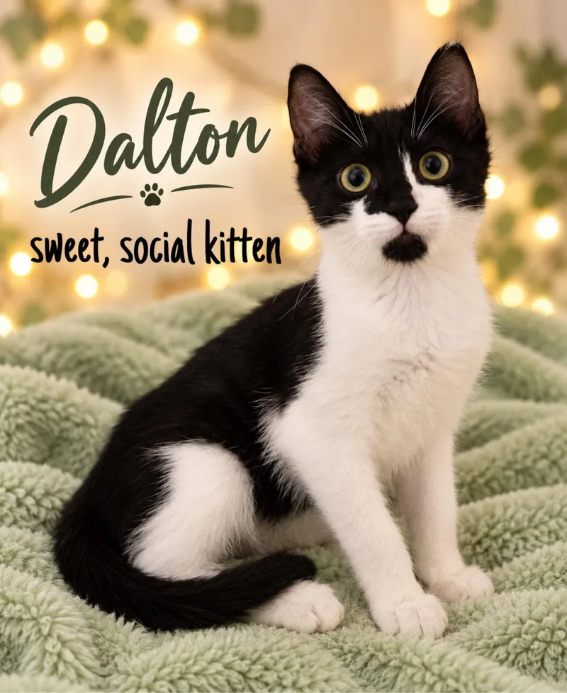A young medium-sized male Tuxedo cat named Dalton for adoption in Greenville, DE