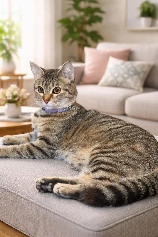 A young medium-sized female Tabby cat named Tiger Lily for adoption in Knoxville, TN