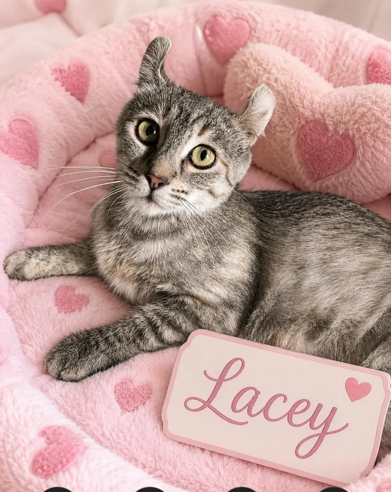 A young medium-sized female Gray / Blue / Silver American Curl cat named Lacy. GF for adoption in Woodland Hills, CA