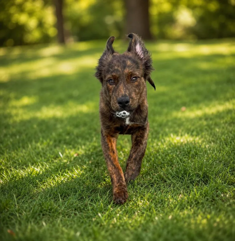 A baby medium-sized male Brindle Border Collie dog named Hagrid for adoption in Kiowa, OK