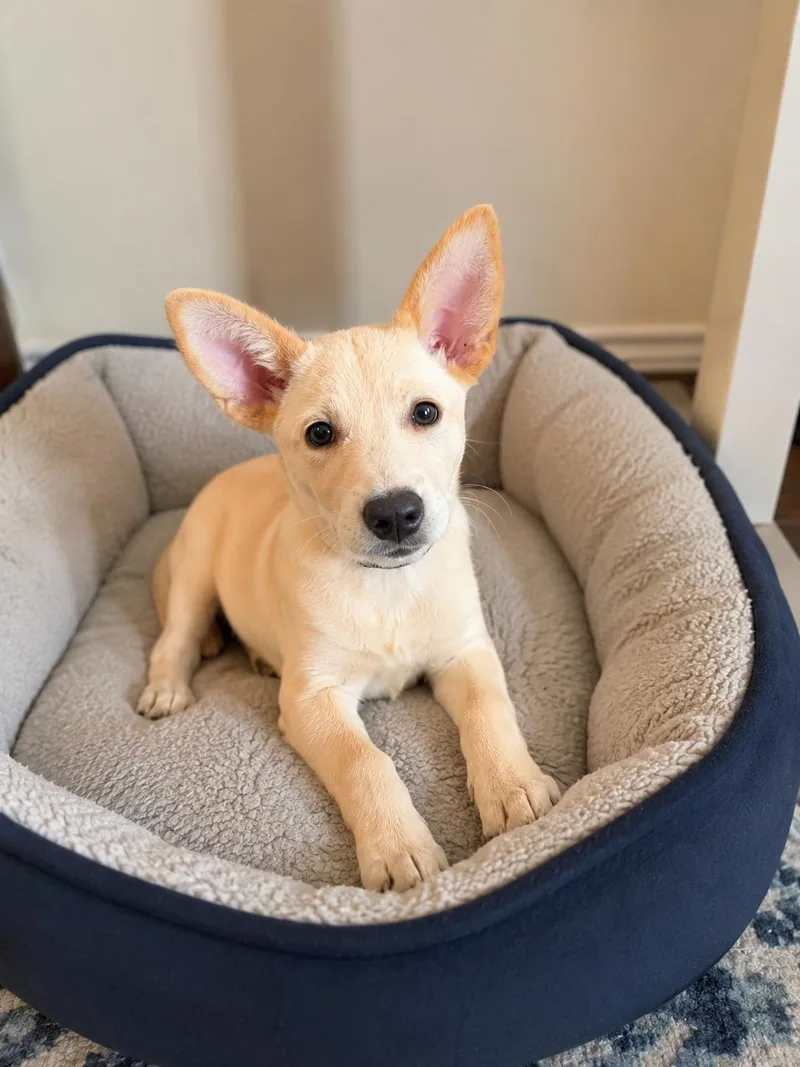 A baby medium-sized female Yellow / Tan / Blond / Fawn Labrador Retriever dog named Pearl for adoption in Houston, TX