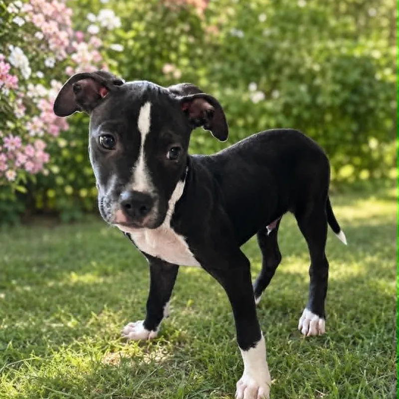 A baby medium-sized male Black Pit Bull Terrier dog named Hal for adoption in Fort Worth, TX