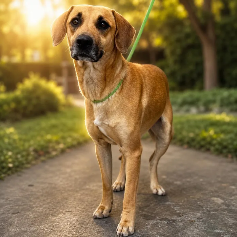 An adult medium-sized female Yellow / Tan / Blond / Fawn Black Mouth Cur dog named Moon for adoption in Wadena, MN