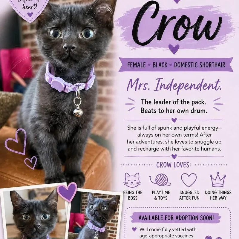 A baby small-sized female Black Domestic Short Hair cat named Crow for adoption in Kansas City, MO