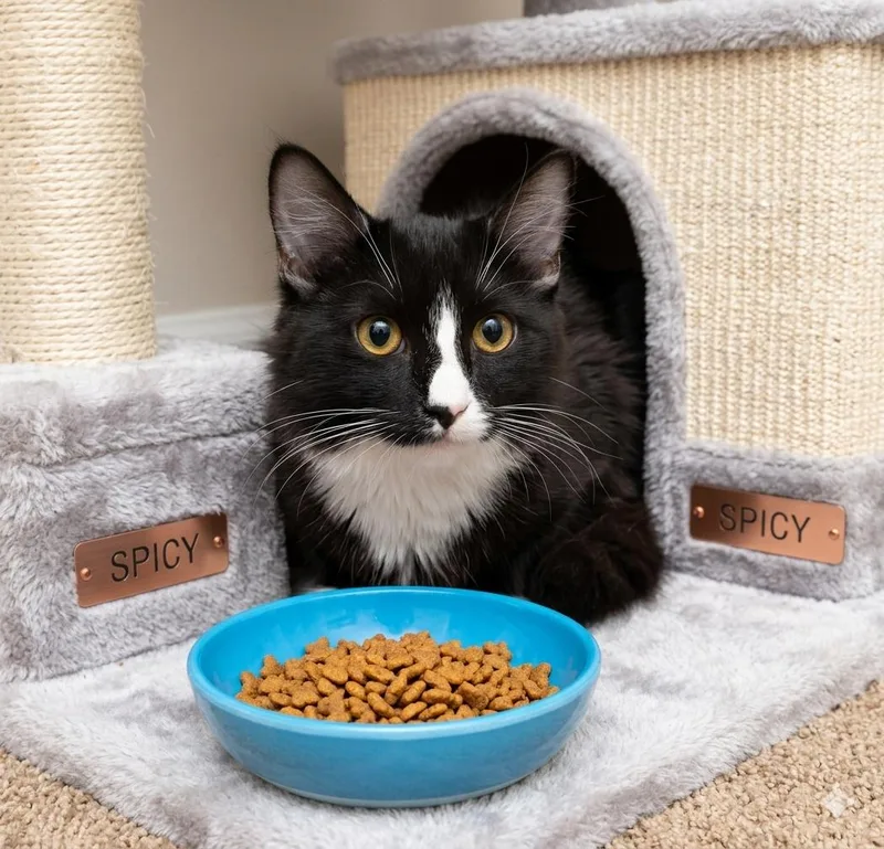 A baby medium-sized female Tuxedo cat named Spicy for adoption in Palmdale, CA