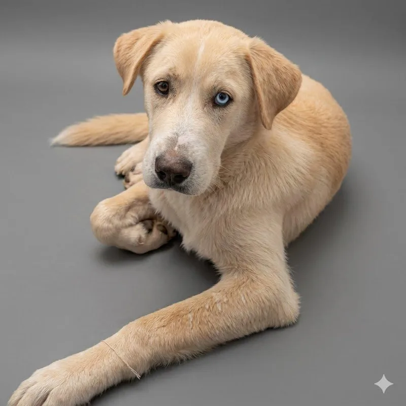 A young medium-sized male Yellow / Tan / Blond / Fawn Labrador Retriever dog named Azul for adoption in Bastrop, TX