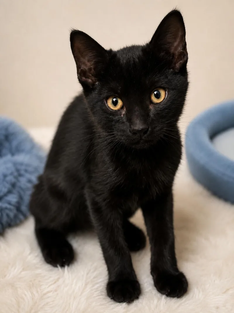 A baby medium-sized male Black Domestic Short Hair cat named Kendrick for adoption in Campbell, CA