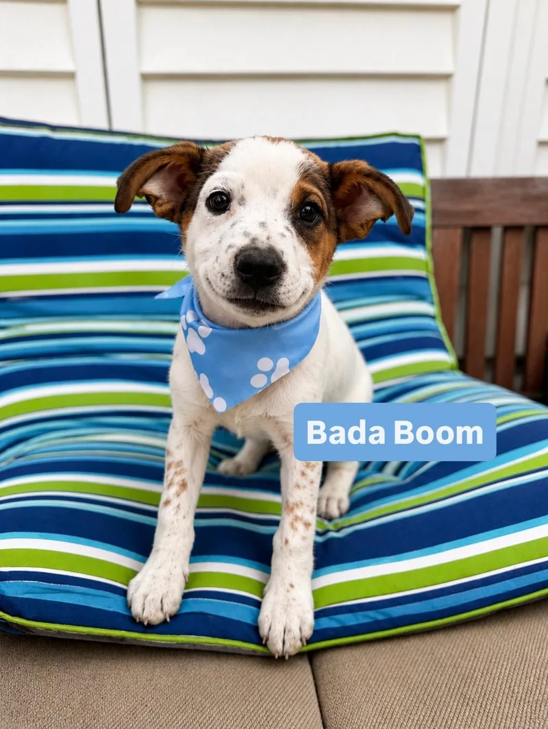 A baby medium-sized male Australian Shepherd dog named Bada Boom for adoption in Newport Beach, CA