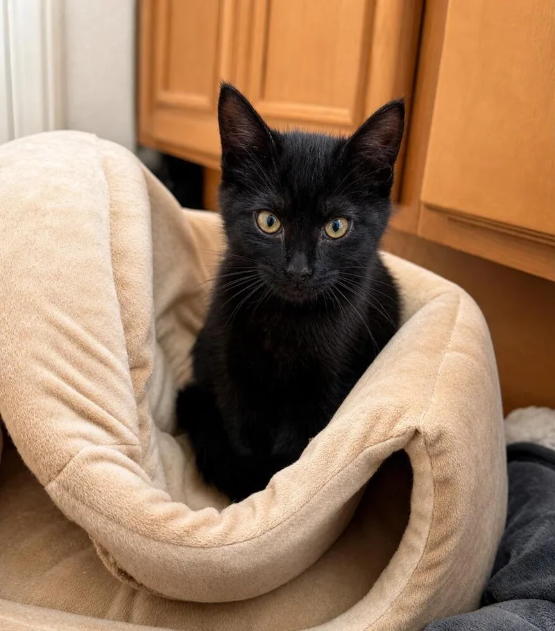 A baby medium-sized female Black Domestic Short Hair cat named Amber for adoption in Oceanside, CA