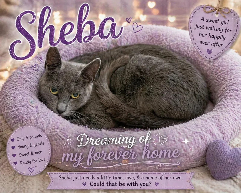 A young medium-sized female Gray / Blue / Silver Domestic Short Hair cat named Sheba for adoption in Greenville, DE