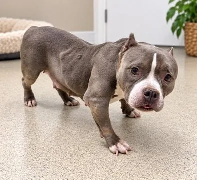 A senior medium-sized female American Bully dog named Roxy for adoption in Petersburg, VA