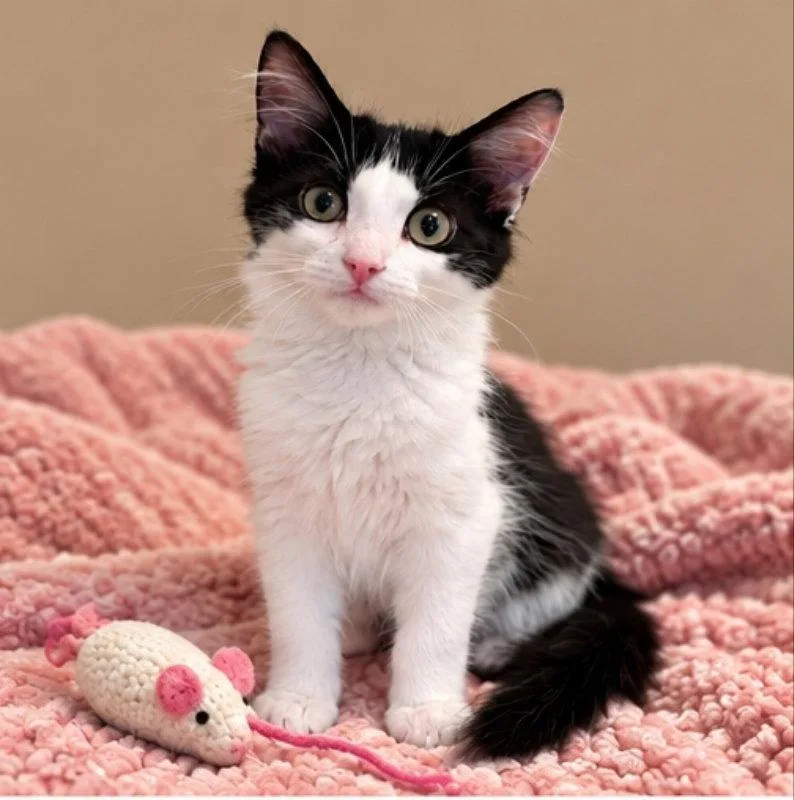 A young medium-sized female Black & White / Tuxedo Domestic Medium Hair cat named May for adoption in Knoxville, TN