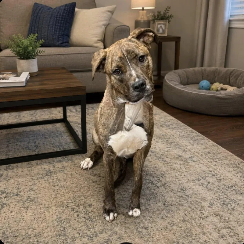 A young medium-sized female Brindle Pit Bull Terrier dog named Jelly Bean for adoption in Cadiz, OH