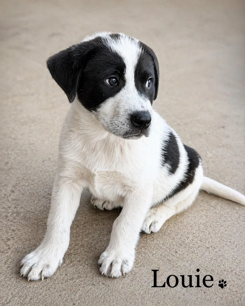A young medium-sized male Harlequin Great Pyrenees dog named Louie for adoption in Sylacauga, AL