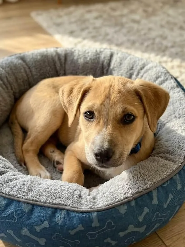 A baby large-sized male American Staffordshire Terrier dog named Roscoe for adoption in Anza, CA
