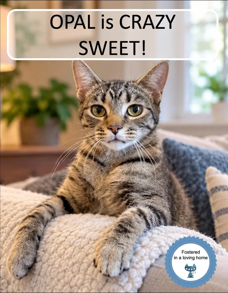A young medium-sized female Tabby cat named Opal for adoption in Cincinnati, OH