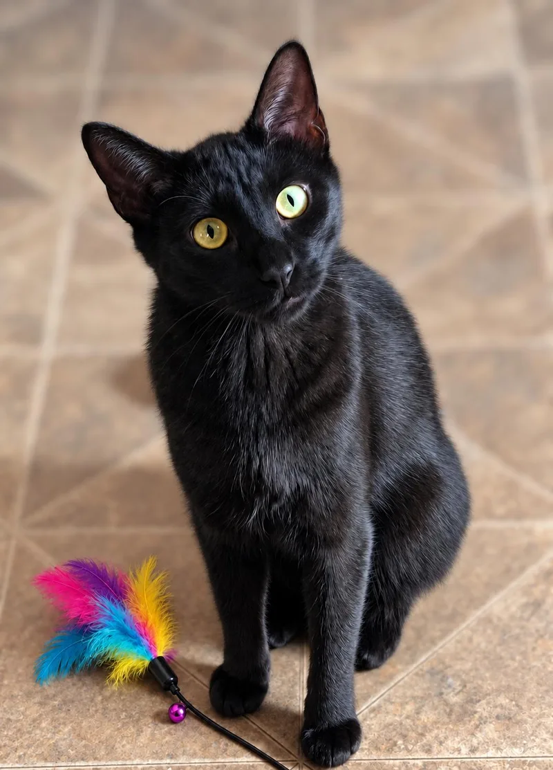 A young large-sized male Black Domestic Short Hair cat named Batman for adoption in Fresno, CA