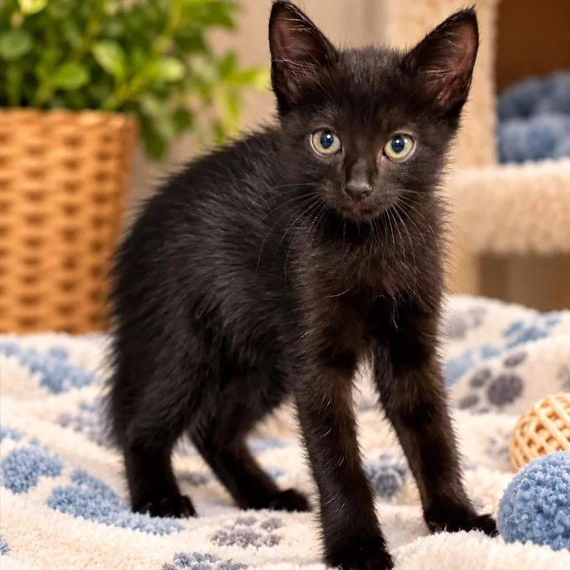 A baby small-sized female Black Domestic Short Hair cat named Violet K for adoption in Corsicana, TX