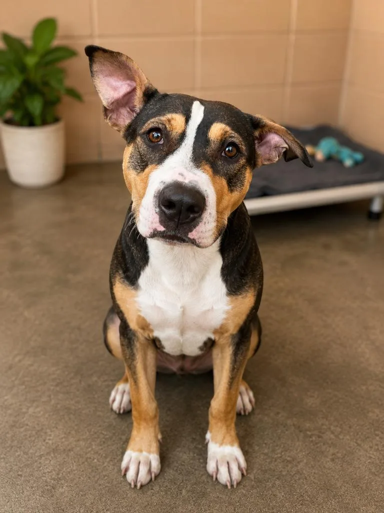 A young medium-sized female Pit Bull Terrier dog named Rudy for adoption in Gautier, MS