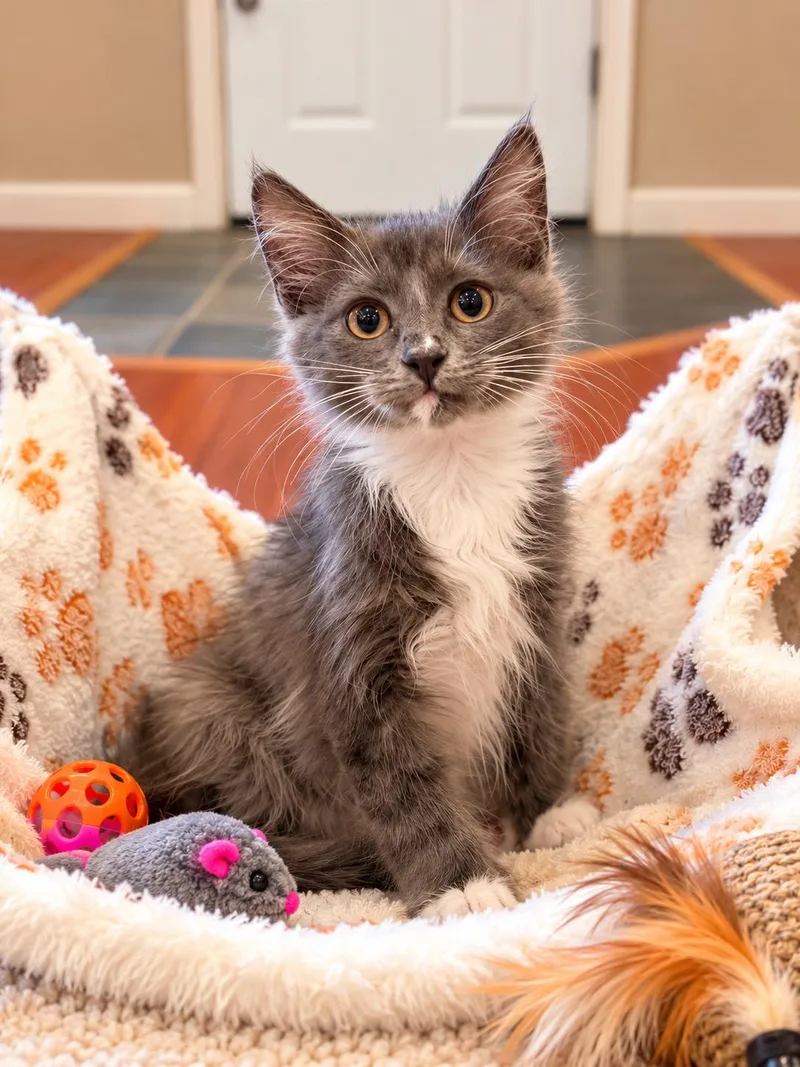 A baby medium-sized male Gray & White Domestic Long Hair cat named Busby Napa for adoption in Napa, CA