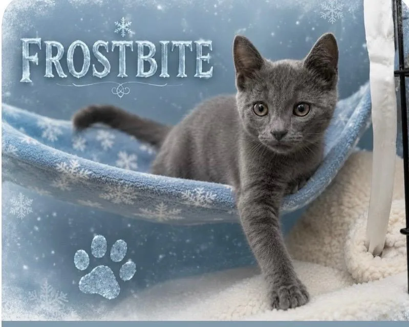 A baby medium-sized male Gray / Blue / Silver Domestic Short Hair cat named Frostbite for adoption in Independence, OH