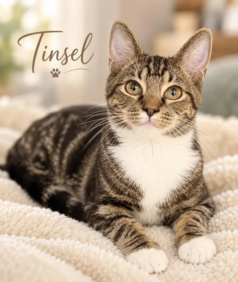 A baby medium-sized female Tabby (Brown / Chocolate) Domestic Short Hair cat named Tinsel for adoption in Pawleys Island, SC