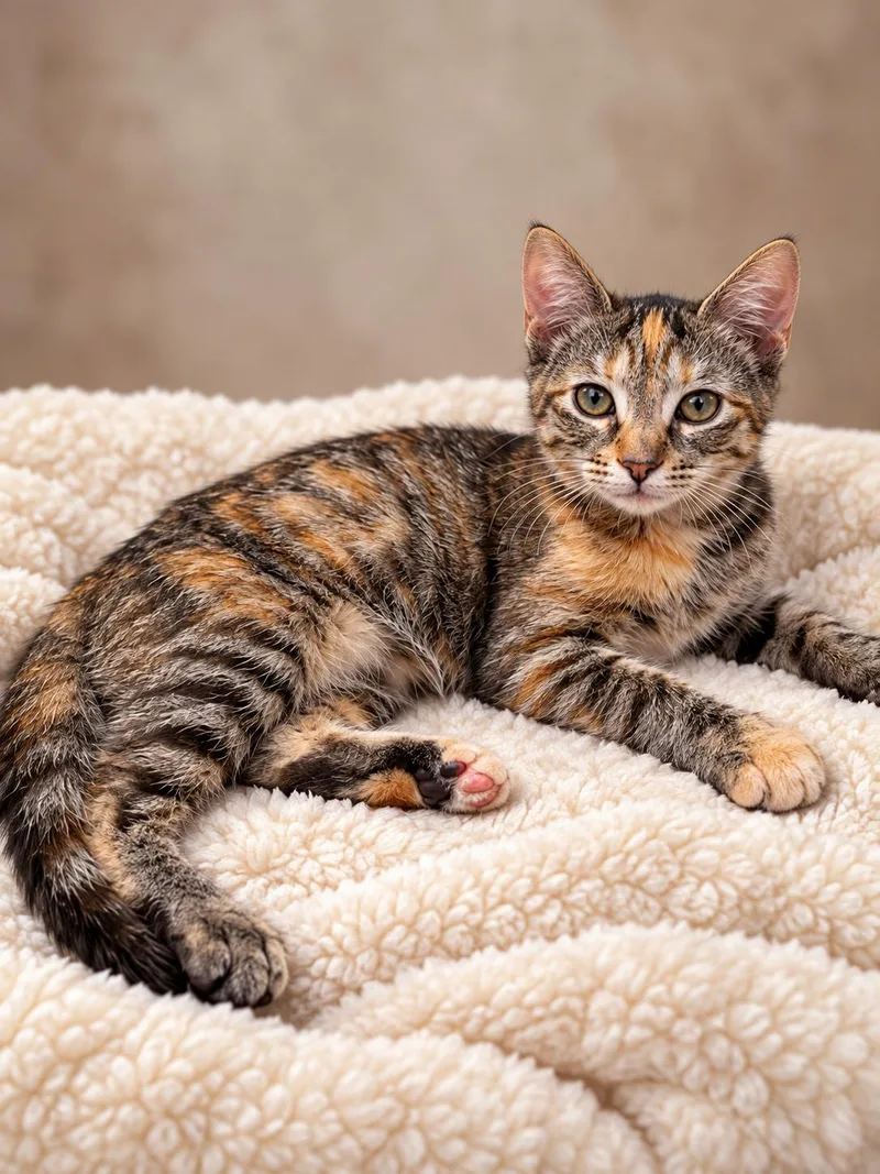 A baby medium-sized female Calico cat named Ember for adoption in Pineville, LA