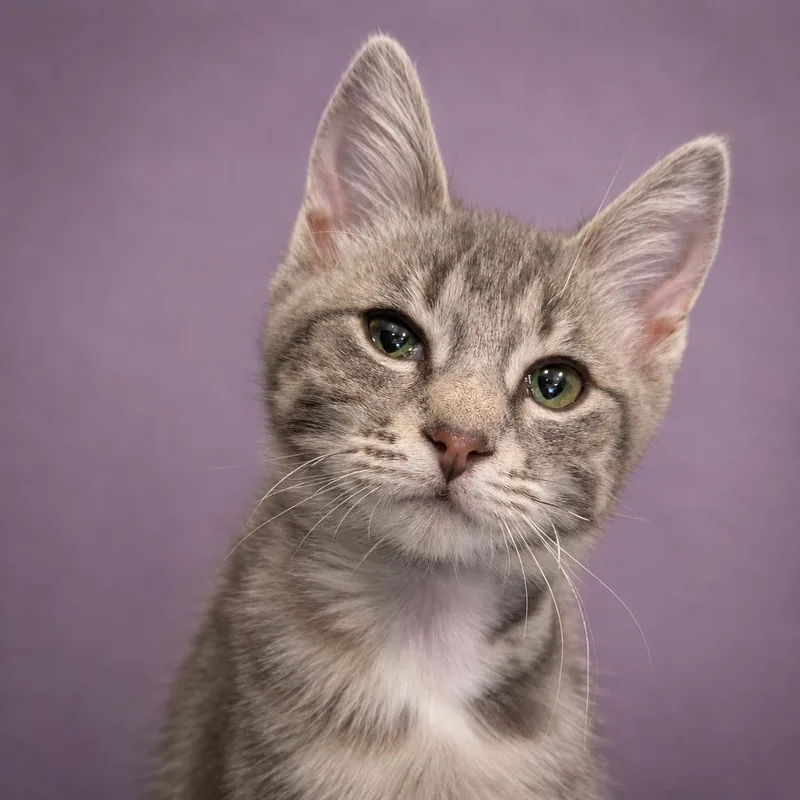 A baby medium-sized male Tabby (Gray / Blue / Silver) Domestic Short Hair cat named Sutton for adoption in Pontiac, MI