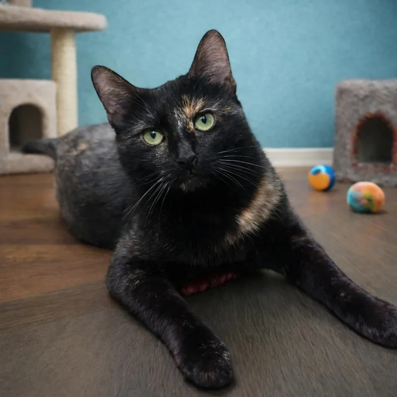 A young medium-sized female Tortoiseshell Tortoiseshell cat named Harlee for adoption in Hillsboro, TX