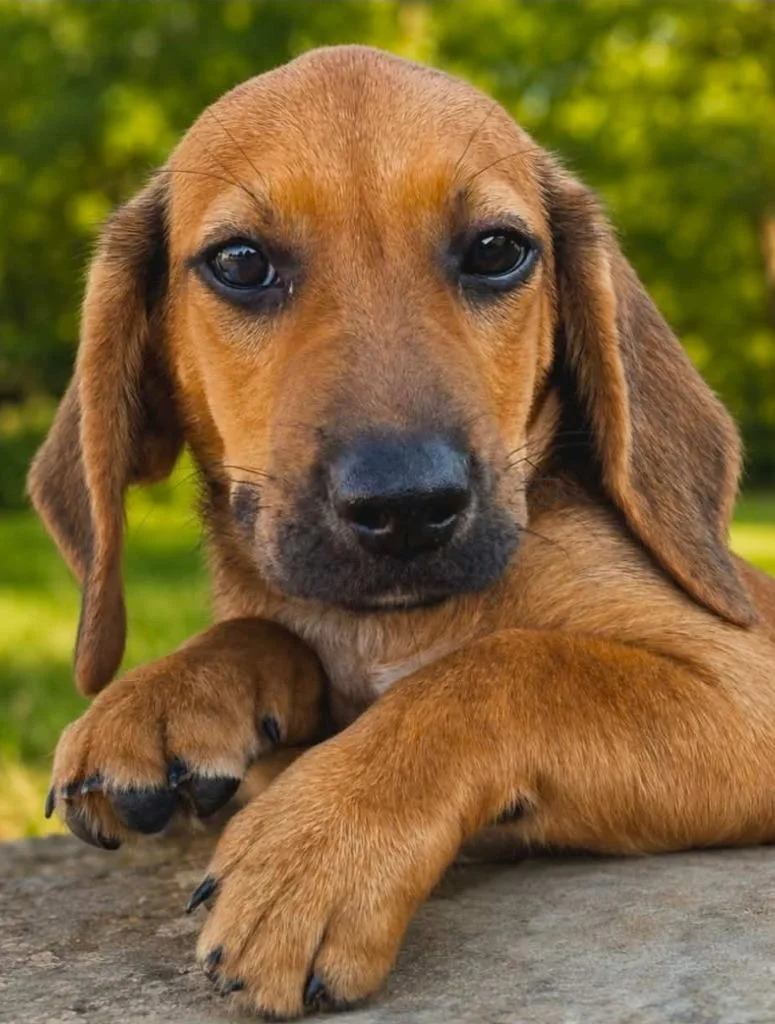 A baby medium-sized male Basset Hound dog named Skeeter Joe for adoption in El Dorado, AR