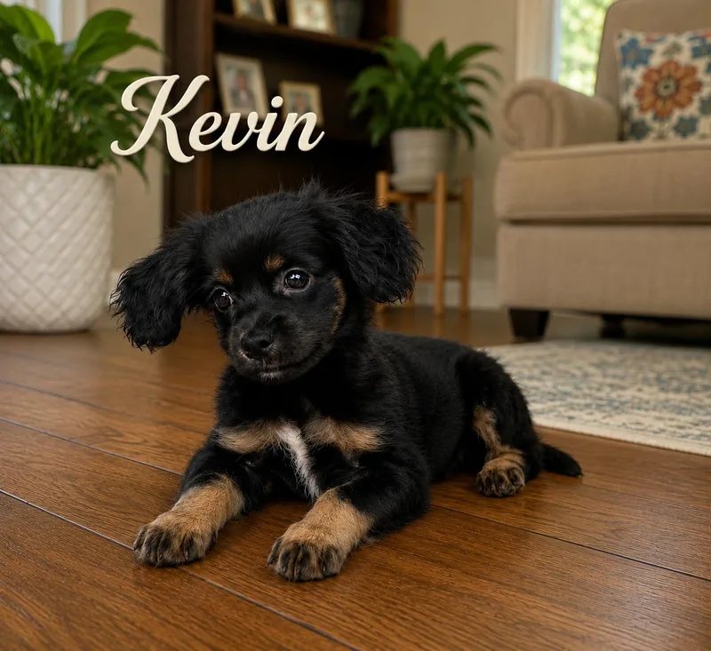 A baby small-sized male Black Cavalier King Charles Spaniel dog named Kevin for adoption in Liverpool, TX