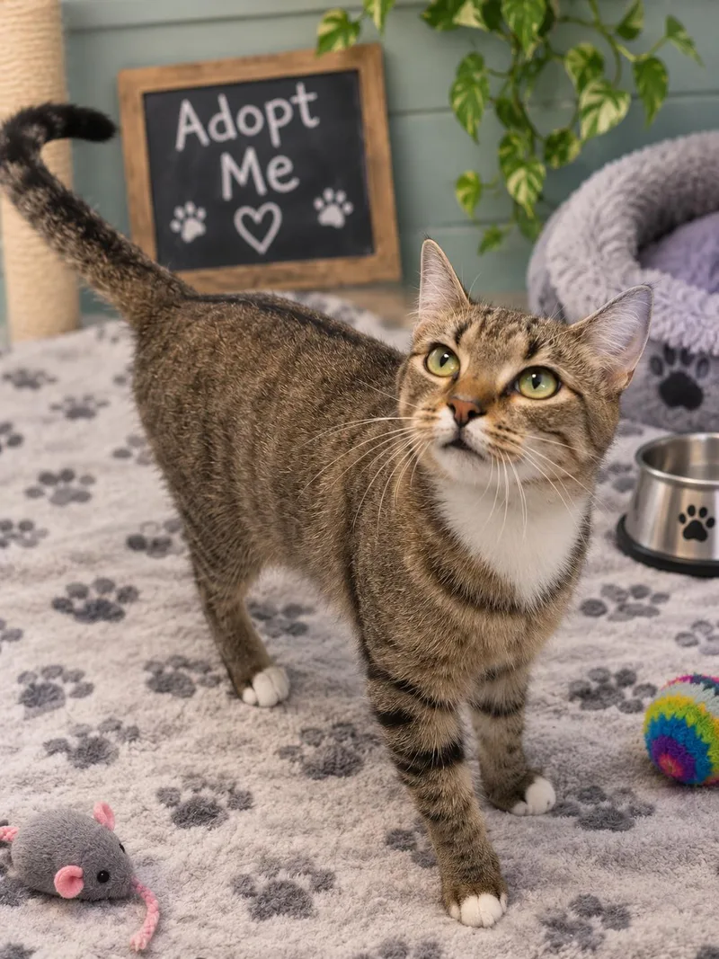 A young medium-sized female Tabby (Tiger Striped) Domestic Short Hair cat named Sheila for adoption in Lincoln, IL