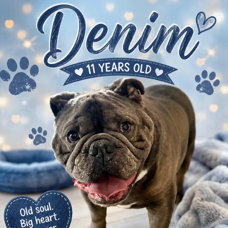 A senior large-sized male Gray / Blue / Silver English Bulldog dog named Denim for adoption in Waldorf, MD