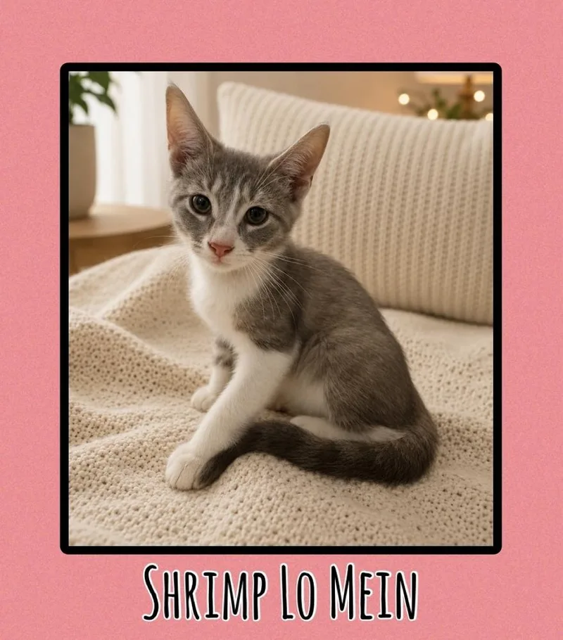 A baby small-sized female Gray & White Domestic Short Hair cat named Shrimp Lo Mein for adoption in Taylor, PA